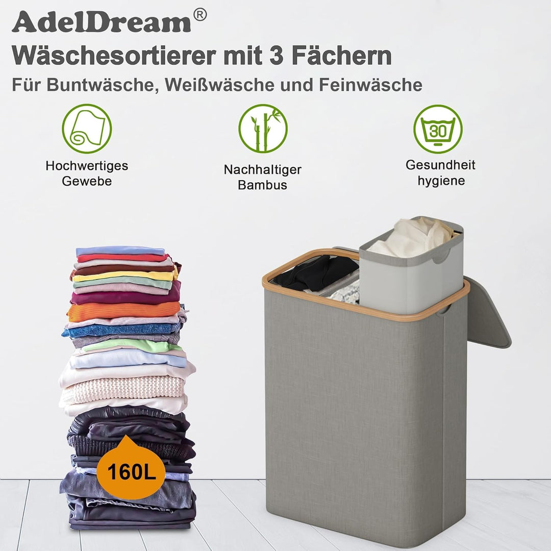 AdelDream 160L Wäschekorb mit Deckel 3 Fächer Wäschekorb Wäschesack schmal Wäschesortierer Wäschebox