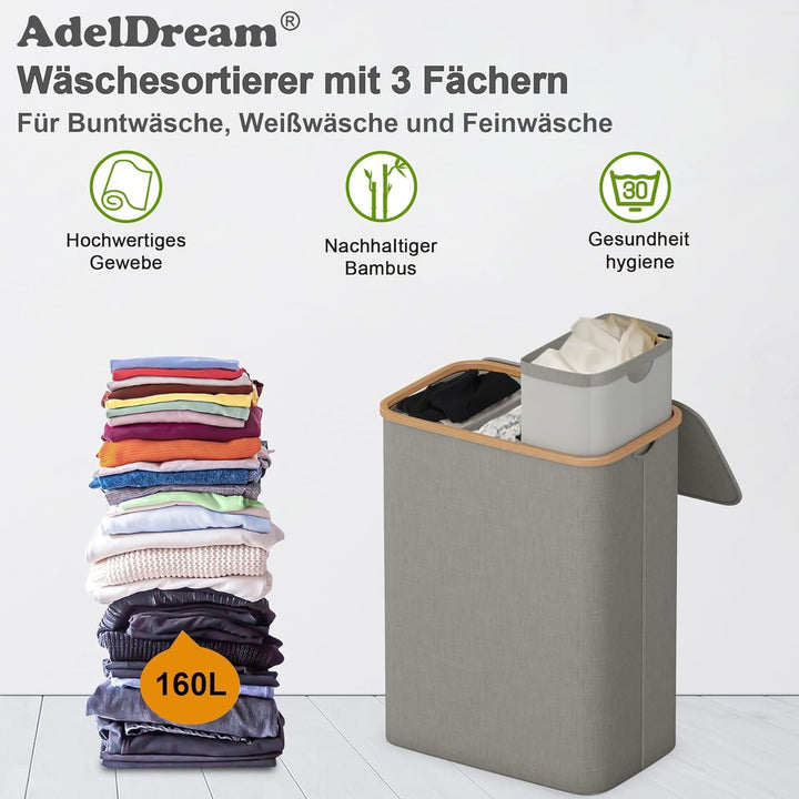 AdelDream 160L Wäschekorb mit Deckel 3 Fächer Wäschekorb Wäschesack schmal Wäschesortierer Wäschebox