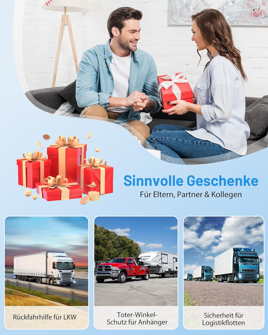 Rückfahrkamera Kabellos, 5" Digital Rückfahrkamera Set HD, Nachtsicht-Kit, Schnellinstallation, Stab