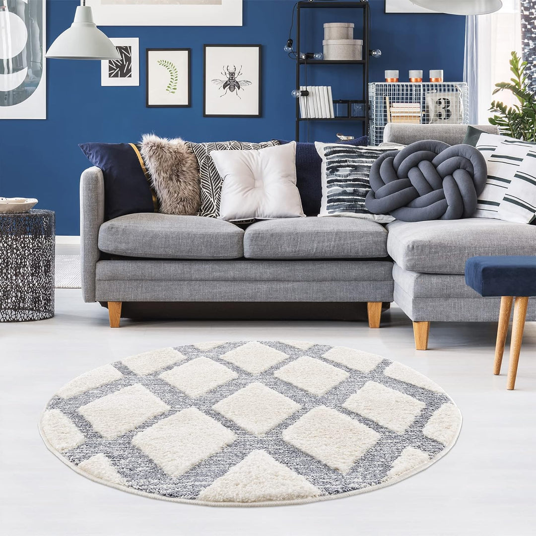 payé Teppich Rund - Skandinavisch Hochflor- 200x200cm - Boho - Pastell Cream Grau - Modern Raute Mus
