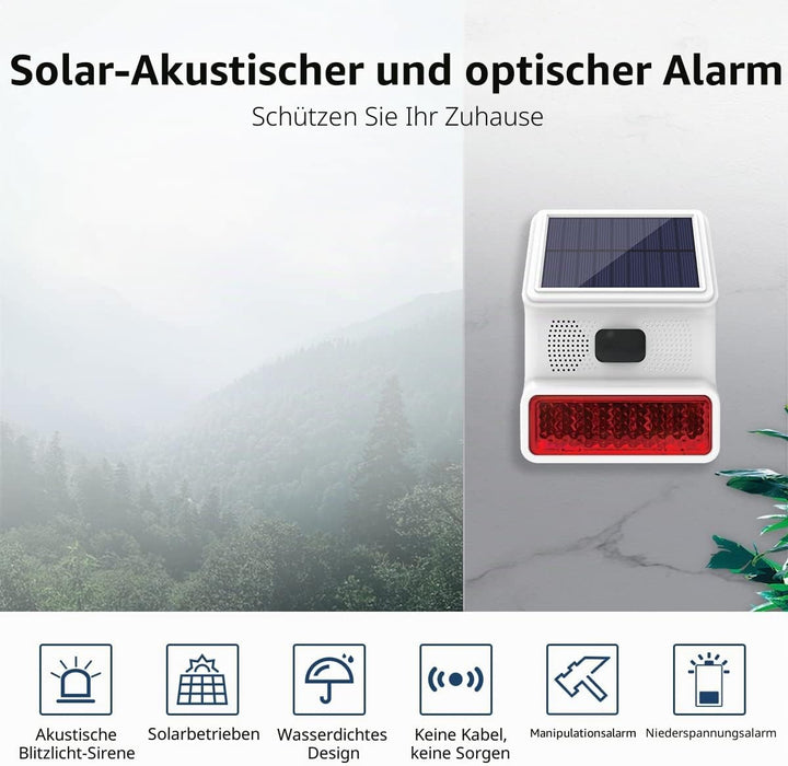 Solar-Sirene für den Aussenbereich, mit LED-Blinklicht, 110 dB, kompatibel mit Alarmanlage für Haus,