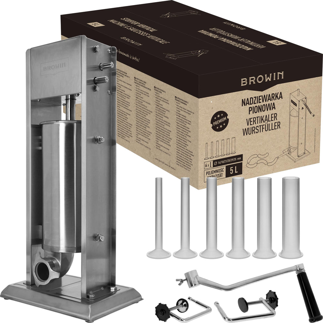 BROWIN® Manuell Wurstfüller aus Edelstahl 311037 | 5 Liter vertikale Wurstmaschine mit Tischklemme |