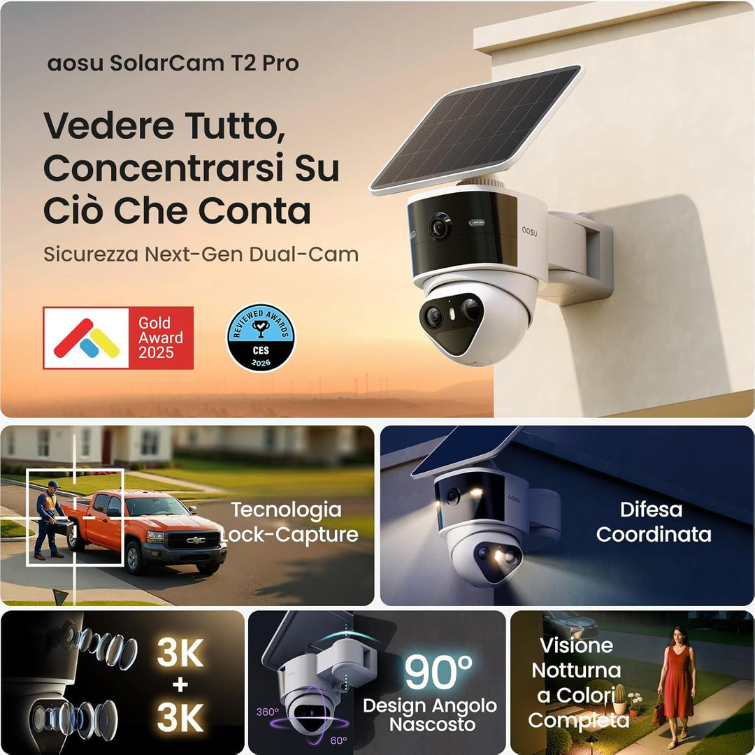 aosu T2 Pro 3K Überwachungskamera Aussen Akku Solar, 360° PTZ + 170° Weitwinkel 5MP Dual-Kamera Tech