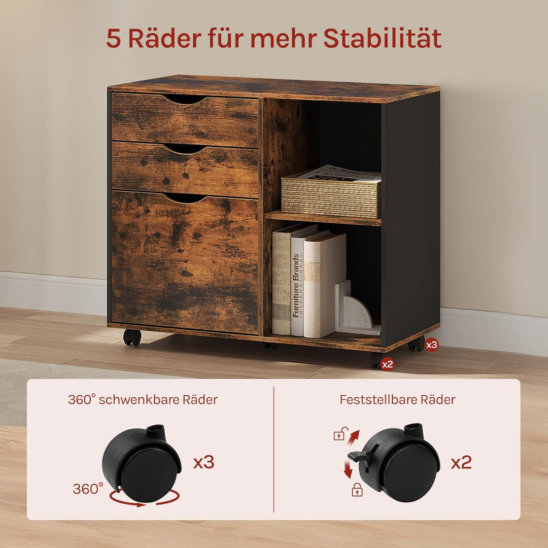 WOLTU Rollcontainer mit 3 Schubladen, mobiler Aktenschrank mit 5 Rollen, Büroschrank mit verstellbar