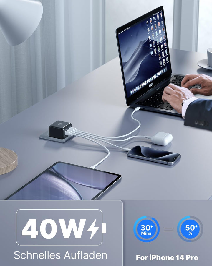 USB Ladegerät, 40W 4-Port USB C Ladegerät iPhone 15 Schnellladeblock USB C Adapter Dual Port PD+QC W