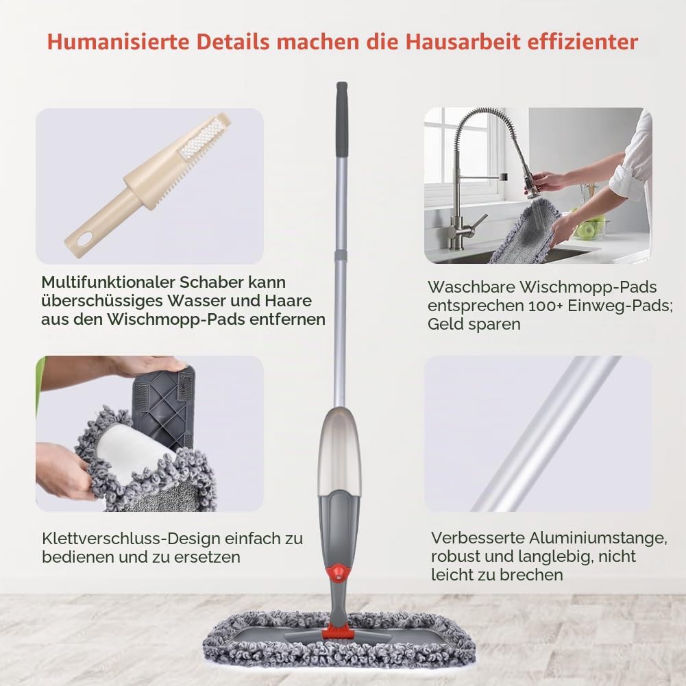 Wischer mit Sprühfunktion, Domi-patrol Bodenwischer Sprühfunktion mit 3 Waschbaren Mikrofaserbezug,