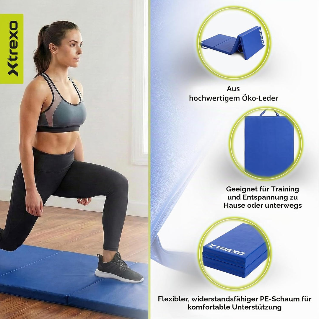 TREXO Faltbare Gymnastikmatratze - 3-teilig, abriebfester Öko-Lederbezug, flexibler PE-Schaum, Trage