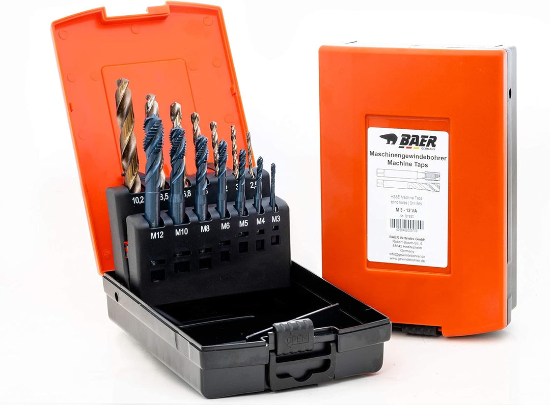 BAER Gewindeschneider Set M 3-12 HSSE EDELSTAHL Bohrer inklusive Bohrpaste: Maschinengewindebohrer S
