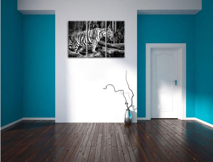 Pixxprint Tiger / 3-Teilig/Gesamtmass 120cm Leinwandbild bespannt auf Holzrahmen/Wandbild Kunstdruck