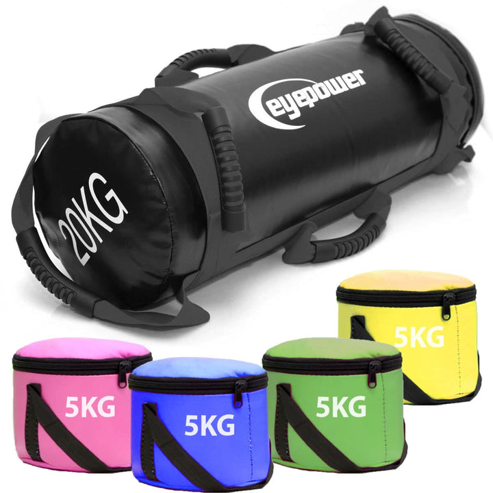 EYEPOWER 20kg Power Bag + 4 Kettlebell Gewichte - Befüllt mit Eisensand - Besser als Geräte: 6 Griff