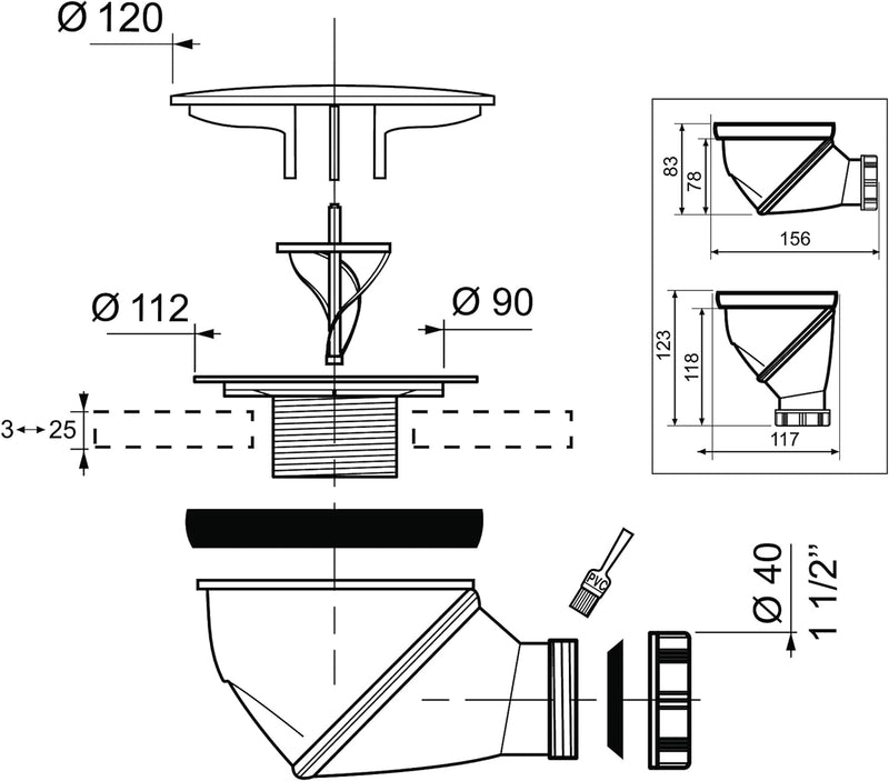 Wirquin James 30718685 Duschabfluss D90 mit Chromkuppel, Ausgang D40 Ablaufgarnitur