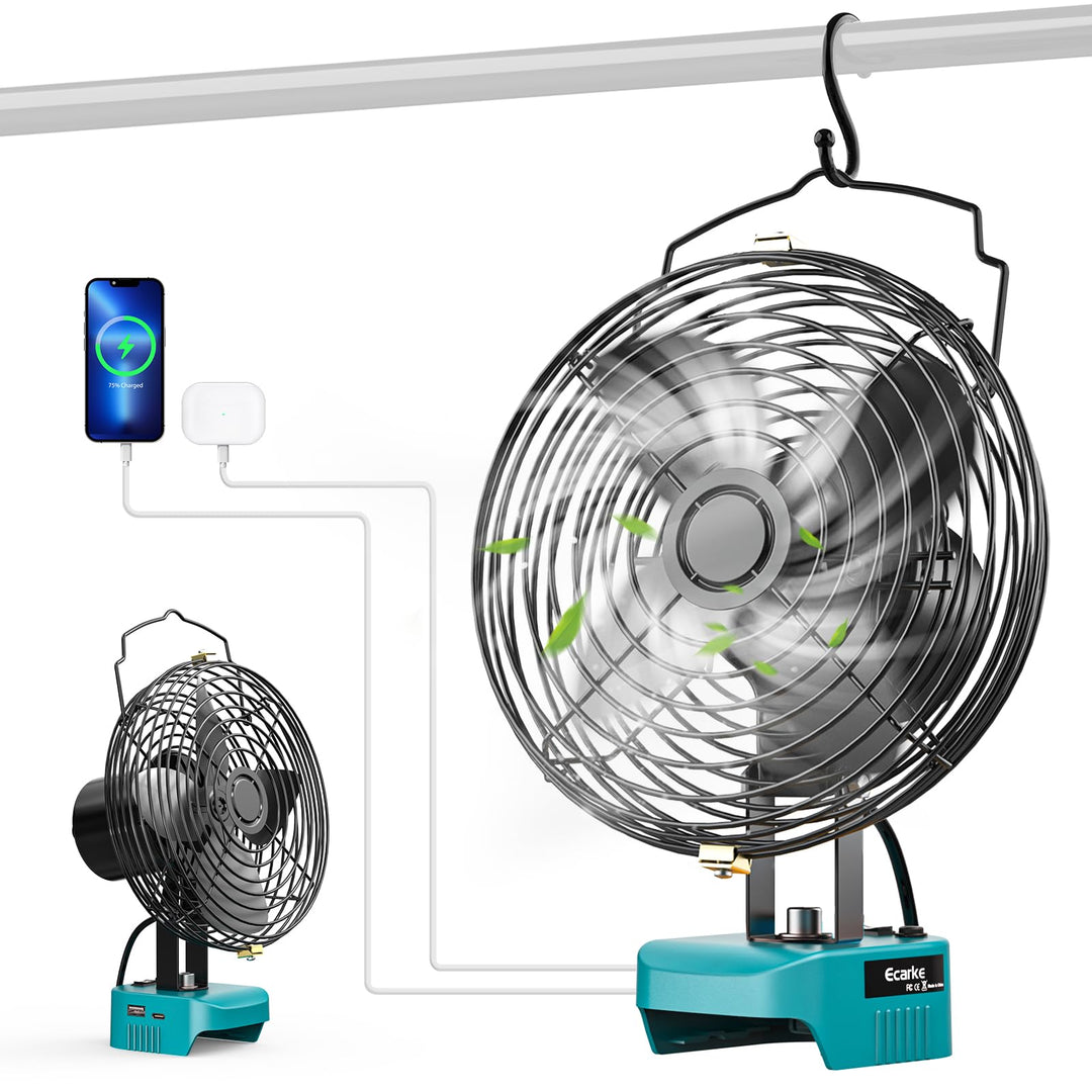 Ecarke Akku-Ventilator 6 Zoll kompatibel mit Makita 18V Akkus, tragbarer Lüfter mit USB- & Typ-C-Ans