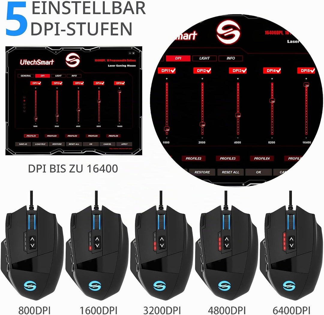 UtechSmart Venus Gaming Maus 16400 DPI USB Laser MMO Gaming Mouse, 18 programmierbare Tasten,16400 D