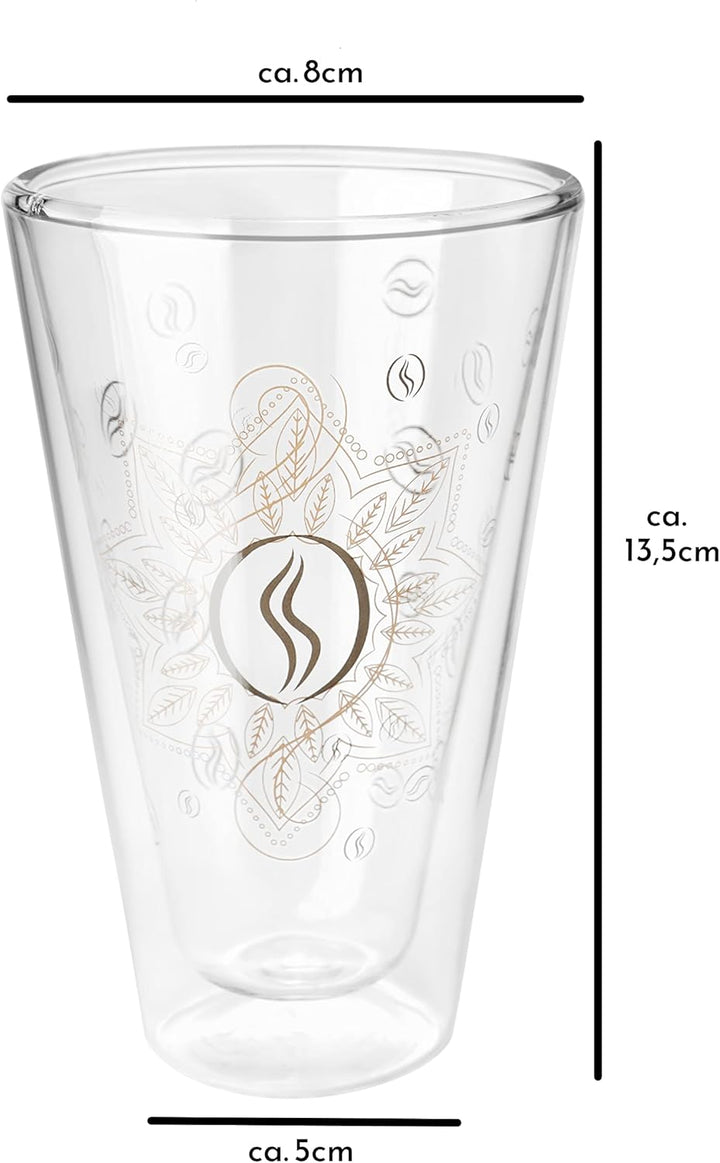 Montepreti Design Latte Macchiato Gläser 250ml, Kaffeeglas für Cappuccino, Espresso, Kaffee-Mandala,