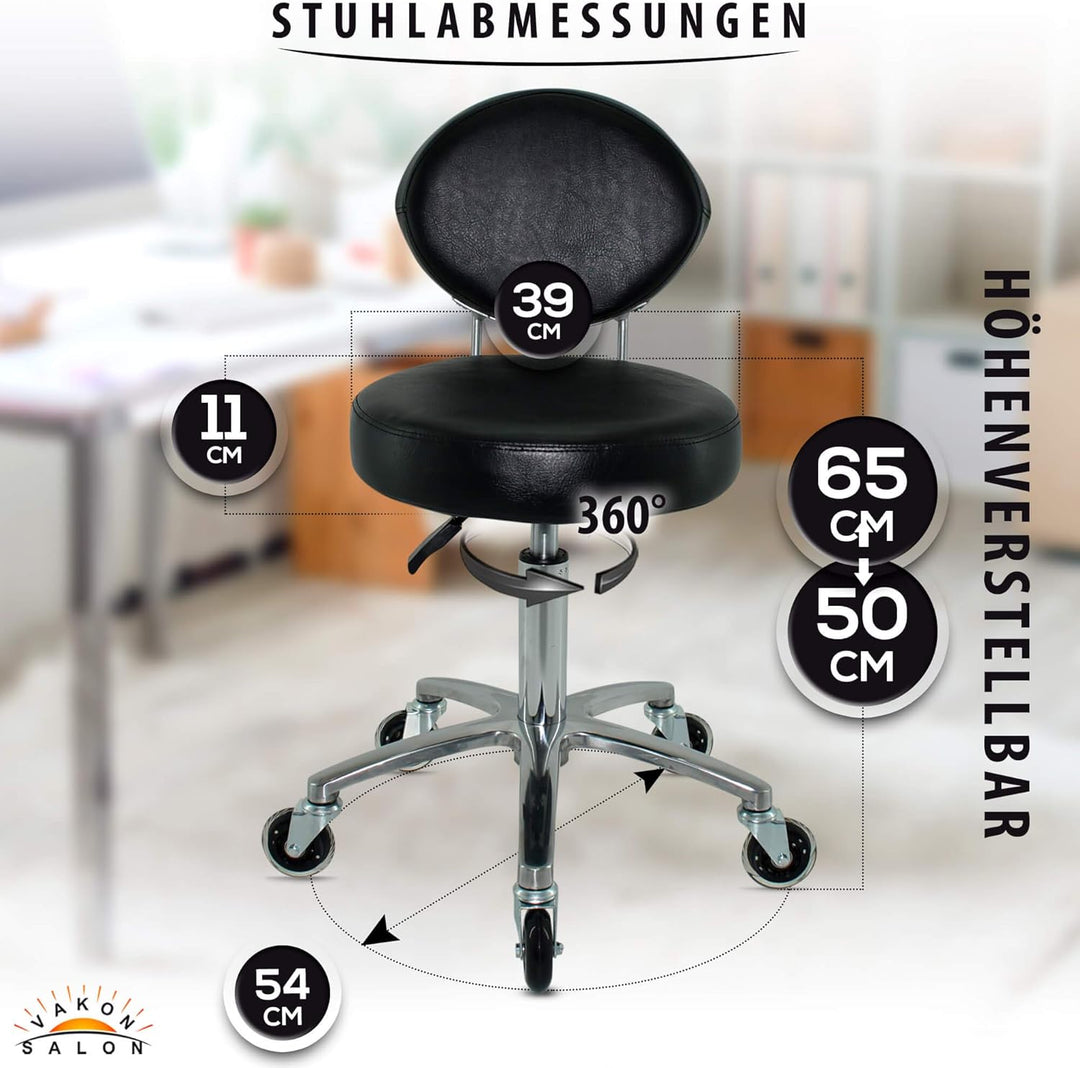 Premium Rollhocker mit ovaler Lehne höhenverstellbar von 50 bis 65 cm - Rundsitz- Drehhocker Arbeits