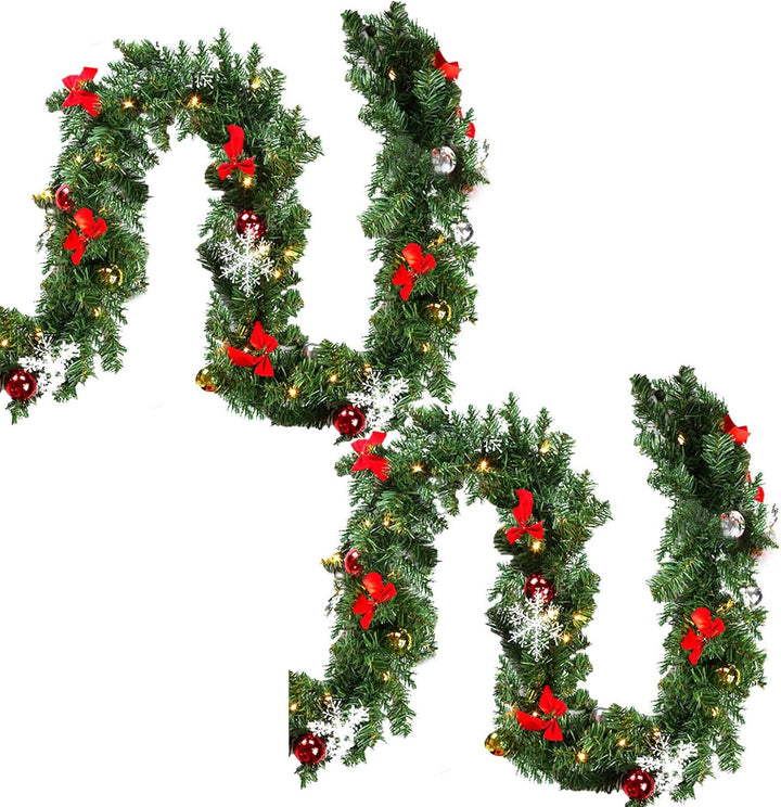 Yakimz 2er 5M Weihnachtsgirlande, Tannengirlande mit 100 LEDs Warmweiss 8 Modus inkl. Deko, IP44 Wei
