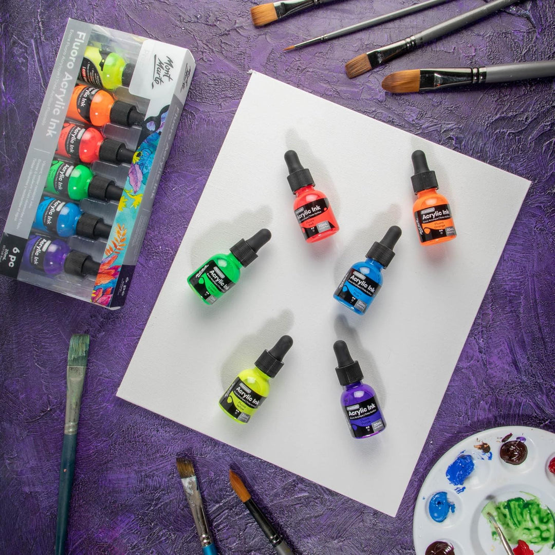 Mont Marte Acryltusche Superior, 6pc x 20ml, Fluoro-Acryl-Tinten Farben, Für feine Details und Farbw