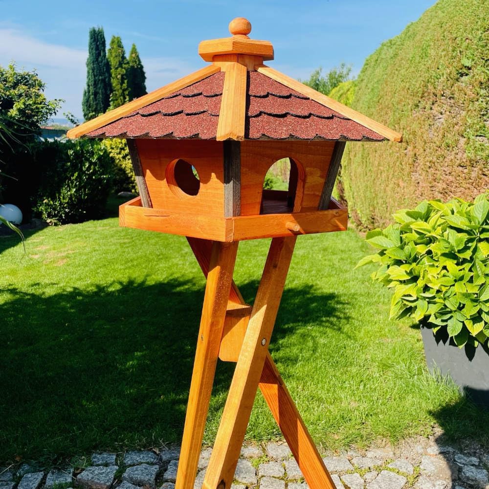 Vogel Futter Haus L oder XL Sechseck Holz Vogelhaus Futterstelle Braun/Blau, Rot, Schwarz und Grün (