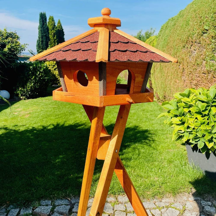 Vogel Futter Haus L oder XL Sechseck Holz Vogelhaus Futterstelle Braun/Blau, Rot, Schwarz und Grün (