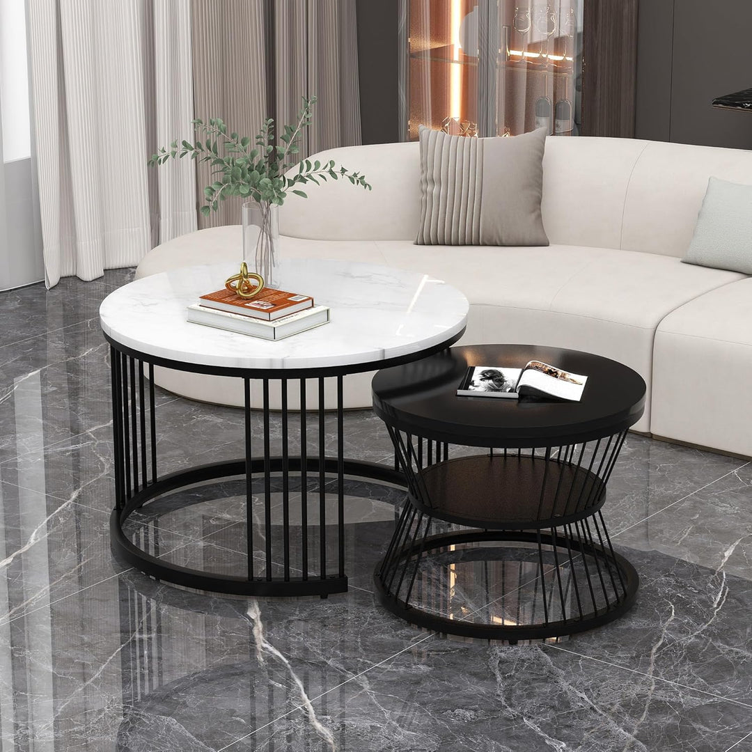 Merax Runder Couchtisch 2er Set, Moderne Beistelltisch mit Hochglanz Marmoriert für Wohnzimmer, Satz