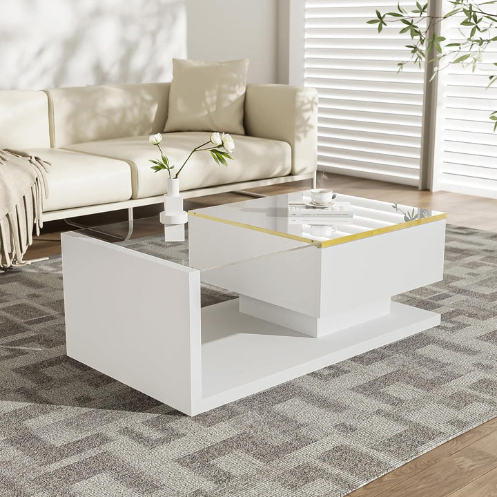 Merax Moderner LED Couchtisch, Wohnzimmertisch mit Stauraum, Hochglanz-Weiss Beistelltische, Couchti