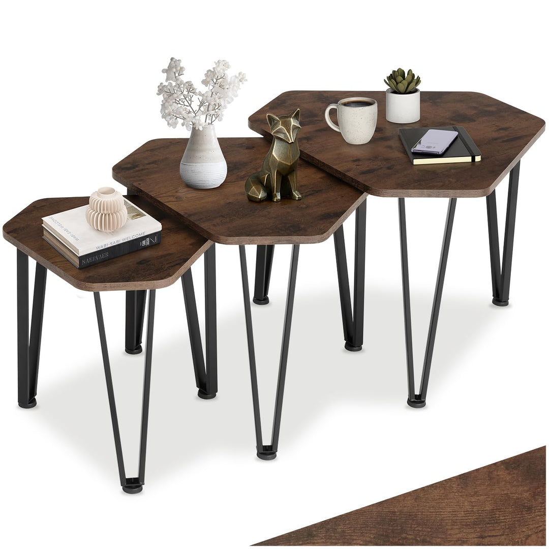 tectake Beistelltisch 3er Set, sechseckiger Couchtisch in 3 Grössen, Industrie-Stil, Holz Satztische