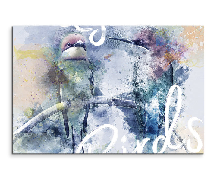Paul Sinus Art Bild Leinwand 80x60cm Vogel auf Zweig in Blautönen mit Kalligraphie, 80x60cm