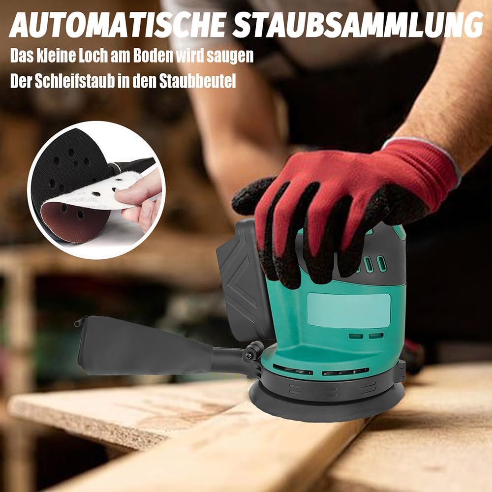 Akku Exzenterschleifer 125mm, Ersatz für Makita 18V Akku,Kabellose Elektroschleifer mit 12 pcs Schle