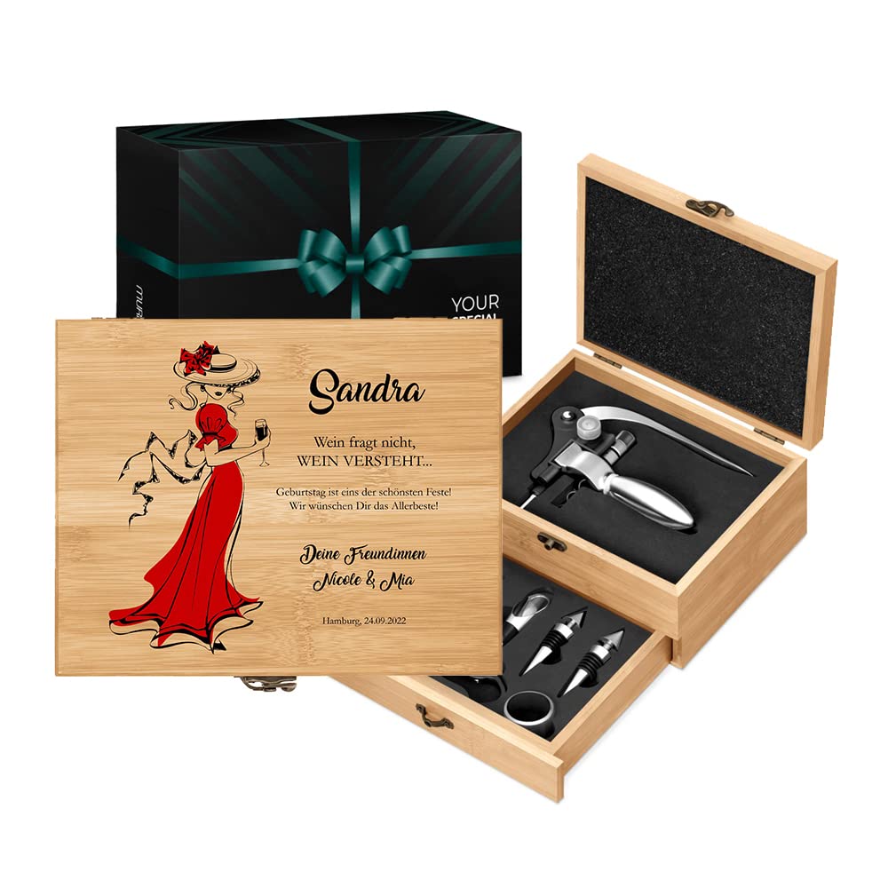 Maverton Weinöffner-Set personalisiert Weinset Sommelier Set - Geschenkbox Holzbox + 8er Weinzubehör