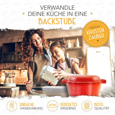 KRUSTENZAUBER Gusseisen Topf Brot Backen [inkl. Gärkorb] - Hochwertiger Emaille Topf 26cm - Idealer
