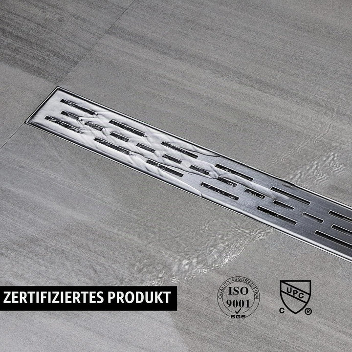 Duschrinne 60 cm, Strips Duschrinne extra flach, Edelstahl Bodenablauf Komplettset mit Siphon Haarsi
