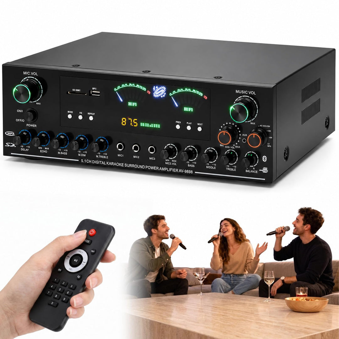 5.1-Channel HiFi Stereo Verstärker, 3000W Spitzenleistung Subwoofer Heimkino Verstärker mit Bluetoot