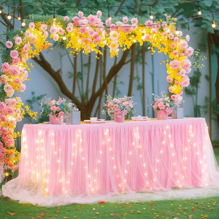 HBBMAGIC Baby Rosa Tüll Tischrock Mit Licht, 2-Langer 183cm Lang Rosa Rüschen Tulle Tischröcke, Wasc