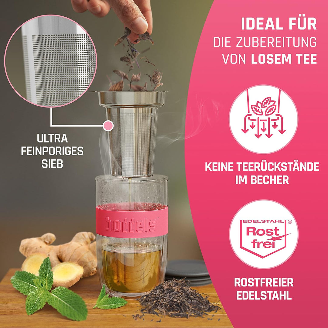 Glasbecher 380ml – Teebecher mit Sieb+Deckel, doppelwandig, Teetasse mit Edelstahl-Sieb, Keramik-Dec