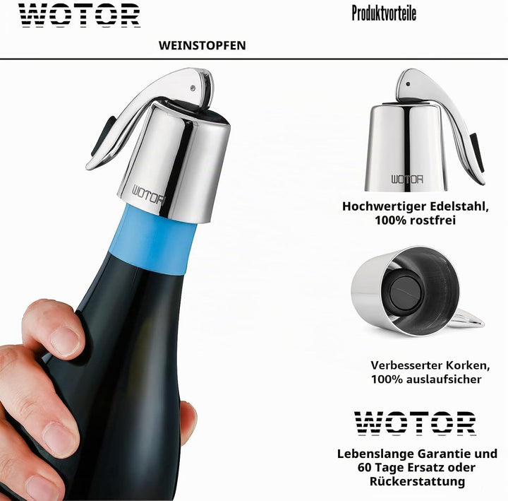 WOTOR Weinverschluss Edelstahl WeinFlaschenverschluss Wiederverwendbar Auslaufsicher hält Wein frisc