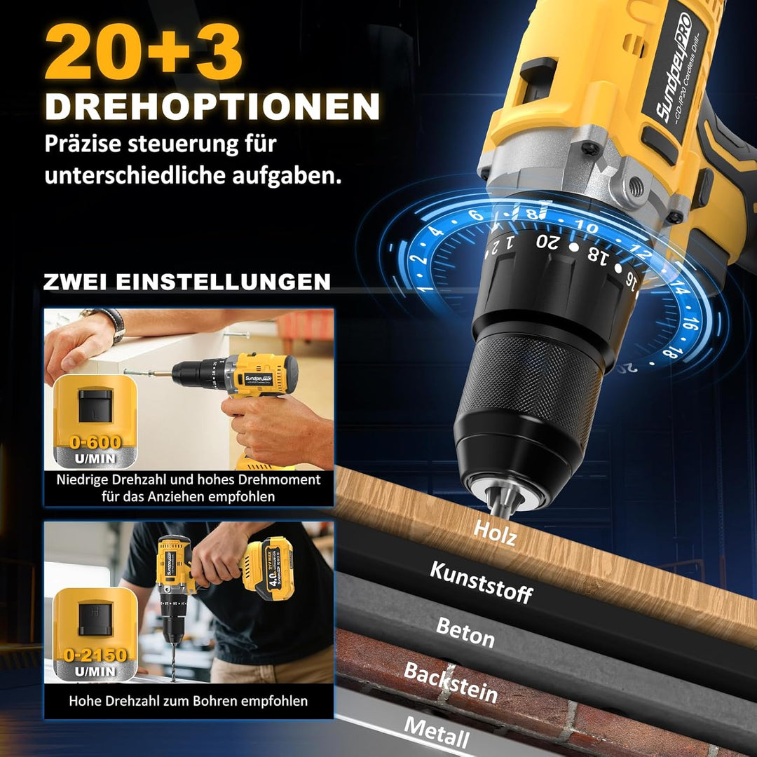 Akkuschrauber mit Schlagbohrfunktion 21V - 120Nm Bürstenloser Akku Schlagbohrschrauber Set mit 2x4Ah