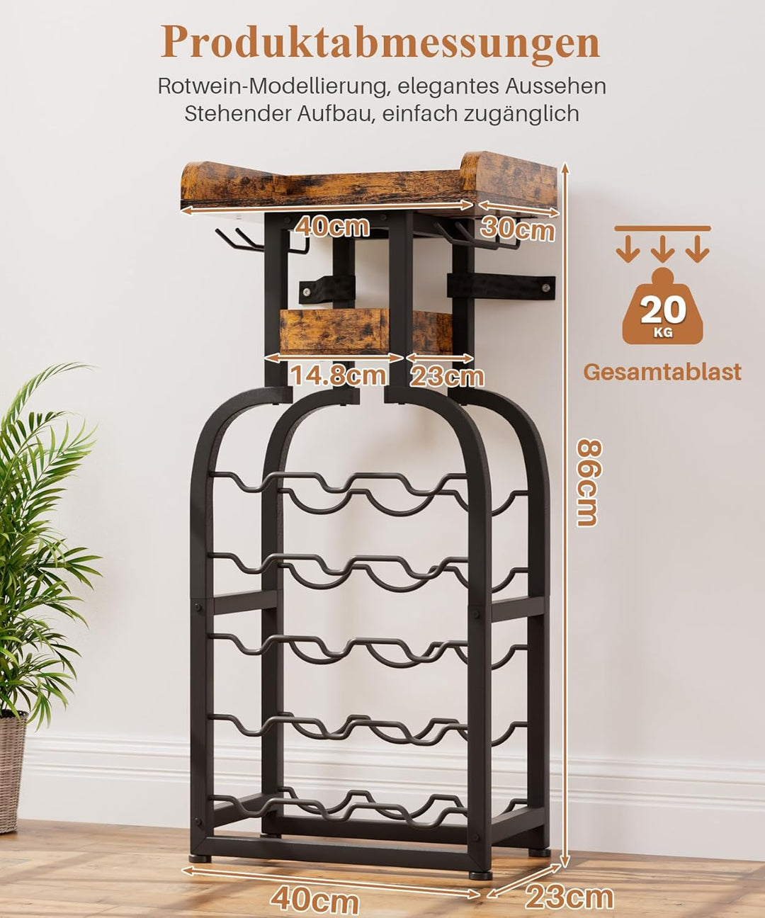 Yorbay Weinregal freistehend 15 Flaschen, Flaschenregal mit Glashaltern, Dekorativer Flaschenhalter-
