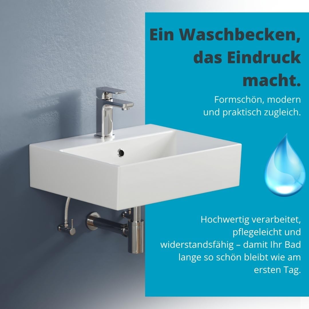 Aqua Bagno Handwaschbecken 50 cm Keramik Weiss, Hängewaschbecken rechteckig für Wandmontage, Aufsatz