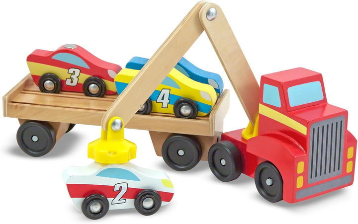 Melissa & Doug - Magnetisches Autotransporter-Spielzeugset aus Holz – (Autos & Lkws, 4 Autos und 1 L