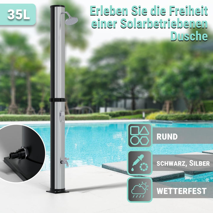 HAGO Solardusche | 35L | rund | Schwarz/Silber | Pooldusche | Campingdusche | Gartendusche | Outdoor