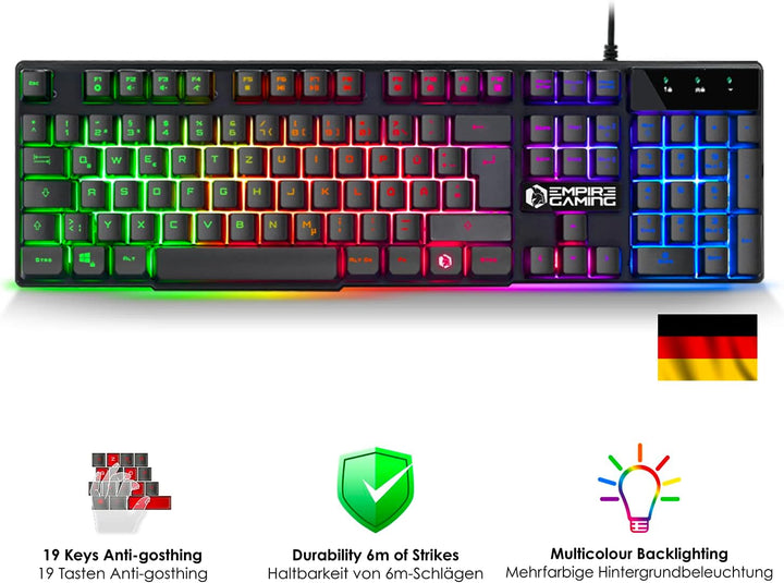 EMPIRE GAMING - Pack 3 in 1 MK800 - Gaming-Tastatur QWERTZ Deutsche RGB 105 Tasten 19 Anti-Ghosting-