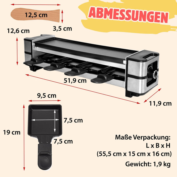 Syntrox Raclette Grill 4 Personen Ursli 600W, 4 Pfännchen 4 Spatel Antihaftbeschichtet, Stufenlose T