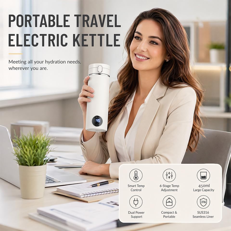 Elektrischer Reisewasserkocher Klein 450ML, Wasserkocher Klein 316 Edelstahl, Mini Wasserkocher Trag