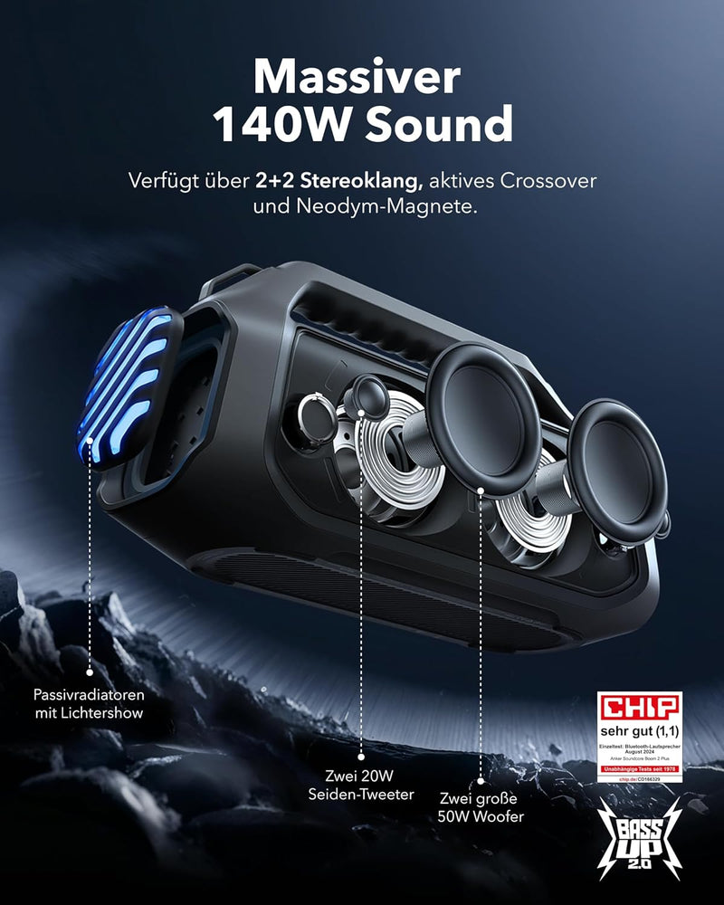 soundcore Boom 2 Plus Outdoor Lautsprecher, 140W, 2+2 Channel, BassUp 2.0, 20h, Schnellladung, IPX7