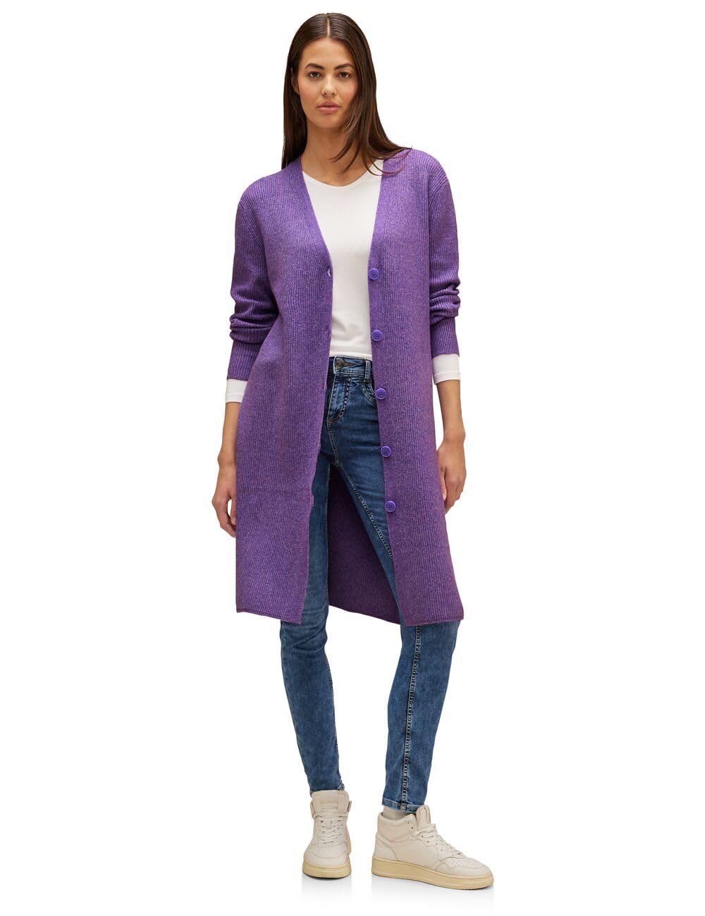 Street One Damen Langer Melange Cardigan 46 Dark Lupine Lilac Melange, 46 Dark Lupine Lilac Melange