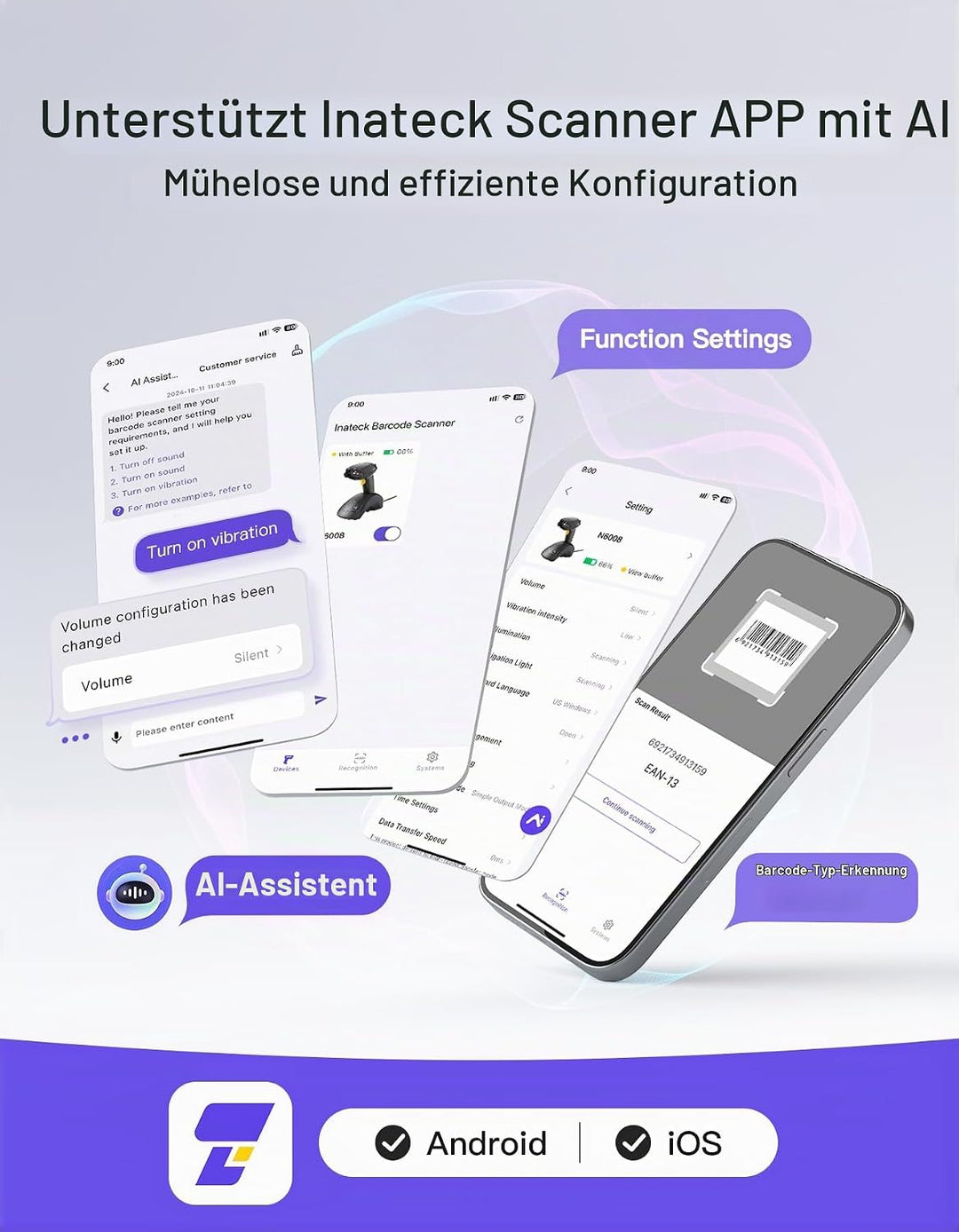 Inateck Barcode Scanner Kabellose, QR Code Scanner mit Smart Base, 1D/2D, Bluetooth/2.4G/USB 3-in-1-