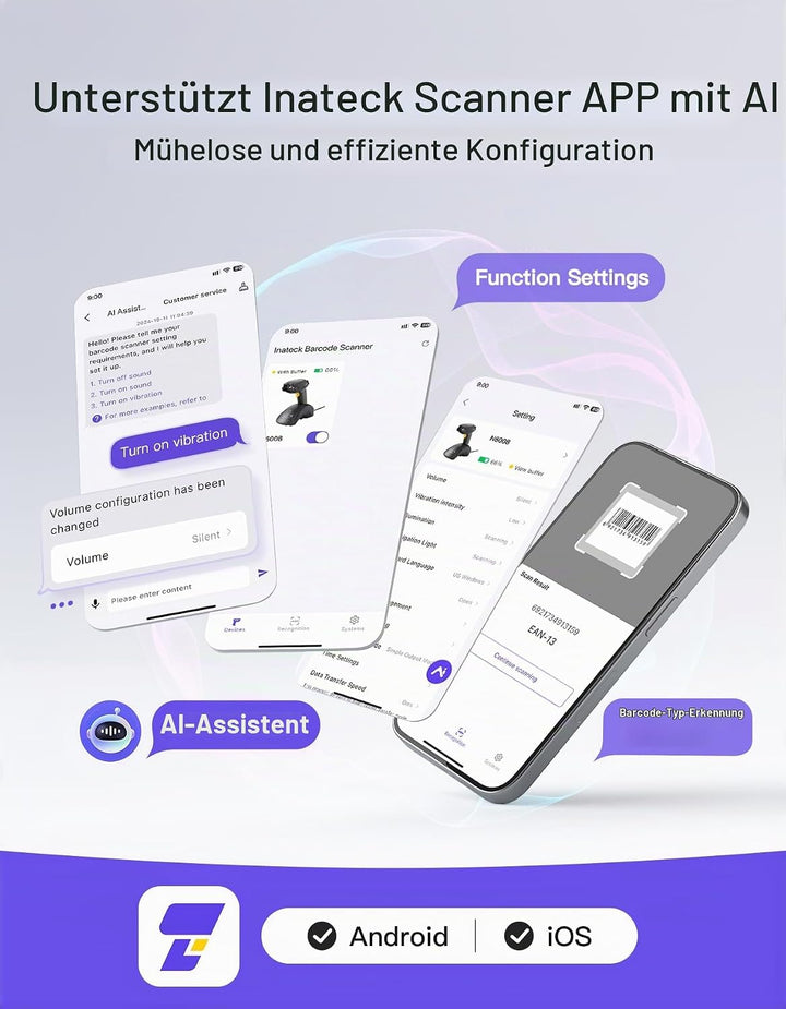 Inateck Barcode Scanner Kabellose, QR Code Scanner mit Smart Base, 1D/2D, Bluetooth/2.4G/USB 3-in-1-