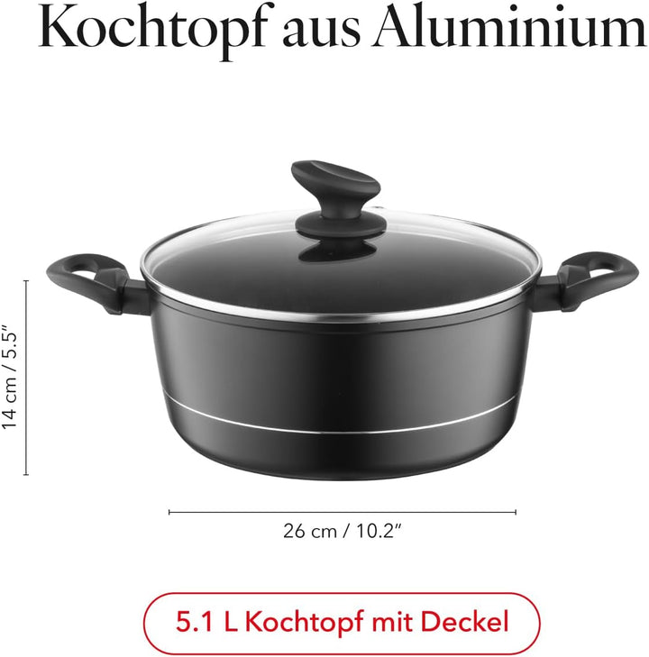FLORINA Aluminium Topf (5,1 l) 26 cm I Kochtopf DELUX mit Glasdeckel I Messbecher & Antikratz-Beschi