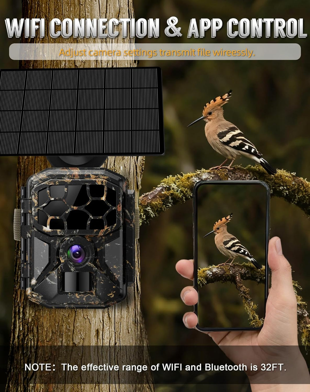 Wildkamera, 8K 60MP Solar Wildkamera mit Handyübertragung App, 7800mAh Akku, Bewegungsmelder 0,1s Au