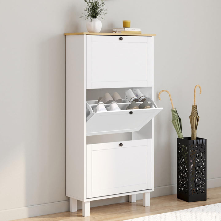 IDMarket - Schuhmöbel 18 Paar ACHILLE 3 Türen weiss und Holzplatte